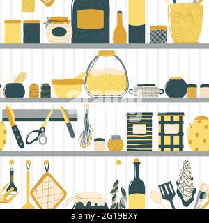 Seamless pattern with cooking utensils in cartoon flat design. Repeated hand drawn background with kitchenware in Scandinavian style. Stock Vector