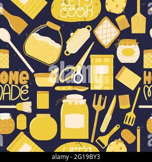 Seamless pattern with cooking utensils in cartoon flat design. Repeated hand drawn background with kitchenware in Scandinavian style. Stock Vector