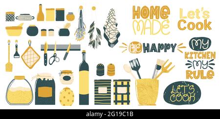 Kitchenware icons collection with cute quote. Cooking utensil hand drawn clip art set. Vector illustration in flat Scandinavian style. Isolated on whi Stock Vector