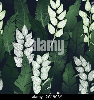 Hand drawn decorative vector seamless pattern with tropical leaves. Trendy print with exotics leaf. Stock Vector