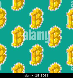 Bitcoin sign consisting of yellow blocks in isometric view on a green background. Seamless pattern. Vector illustration. Stock Vector