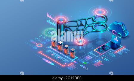 Engineering technology concept. CAD system. Generative design of 3d model, 3d printing of metal part. Computer software of technical design of Stock Vector