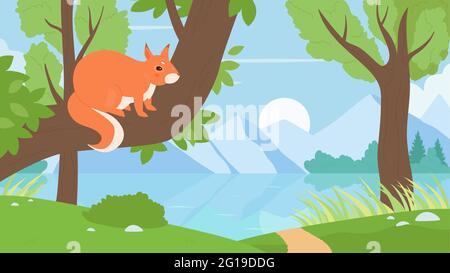 Squirrel sitting on tree branch in forest nature vector illustration. Cartoon cute squirrel wild animal playing in summer foliage tree, calm woodland scenery with lake and mountains natural background Stock Vector