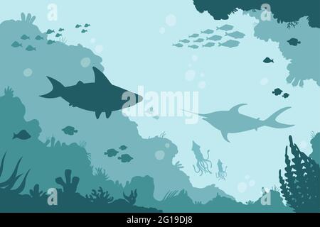 Underwater world landscape, sea ocean bottom vector illustration. Cartoon blue tropical undersea scenery with shark, swordfish and squid, school of fish in coral reefs, seaweeds water plant background Stock Vector