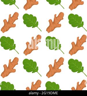 Ginger roots and ginger leaves vector seamless pattern background. Stock Vector