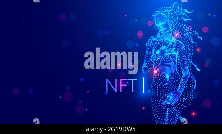 NFT token in artwork. Blockchain technology in digital crypto-art. Investment in cryptographic. Create ERC20 of Digital work of art with block chain Stock Vector