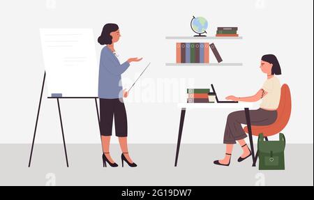 Teacher and student in classroom, learning process, class education vector illustration. Cartoon lesson in school, university or college, woman teacher standing next to whiteboard, helps girl to study Stock Vector