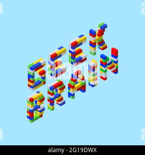 Isometric letters from plastic colored blocks on a blue background in the phrase -geek brain. Vector illustration. Stock Vector