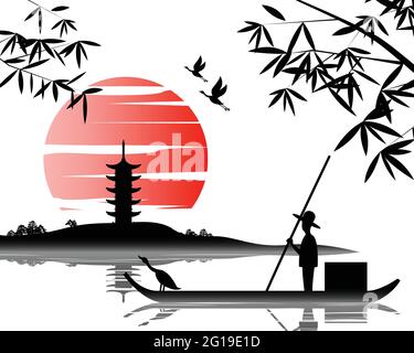 Japanese art with ancient design of fisherman on the boat and the beautiful nature of Japan,vector illustration Stock Vector