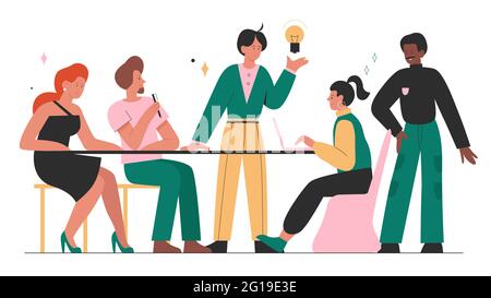 Business people teamwork, work meeting vector illustration. Cartoon professional office worker characters team brainstorming on new project idea strategy, sitting at table together isolated on white Stock Vector
