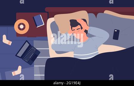 Sick man suffering flu cold headache vector illustration. Cartoon sleepless ill guy character lying in bed on pillow under blanket, holding head with ache in hands, insomnia during illness background Stock Vector