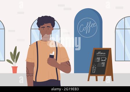 Young man smoking vape in cafe vector illustration. Cartoon guy smoker addict character vaping with smoke clouds, holding vapor electronic cigarette in hand, smoking addiction problem background Stock Vector
