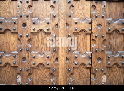 antique retro door with nails, vintage wood texture surface. wooden door with fine inlay Stock Photo