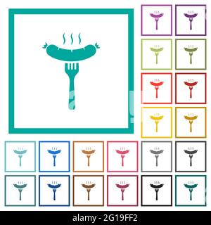 Grilled sausage on fork flat color icons with quadrant frames on white background Stock Vector