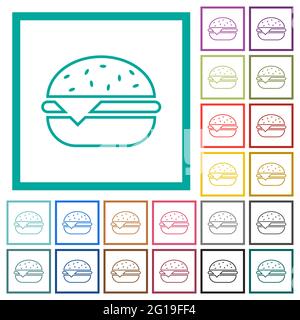 Single cheeseburger flat color icons with quadrant frames on white background Stock Vector