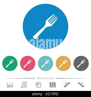 Single fork flat white icons on round color backgrounds. 6 bonus icons included. Stock Vector