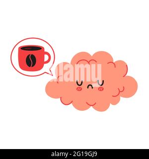 Cute funny sad brain want coffee. Vector hand drawn cartoon kawaii character illustration icon. Isolated on white background. Coffee or tea cup, mug, brain organ character concept Stock Vector