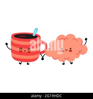 Cute funny coffee mug and brain. Vector hand drawn cartoon kawaii character illustration icon. Isolated on white background. Coffee or tea cup, mug, brain organ character concept Stock Vector