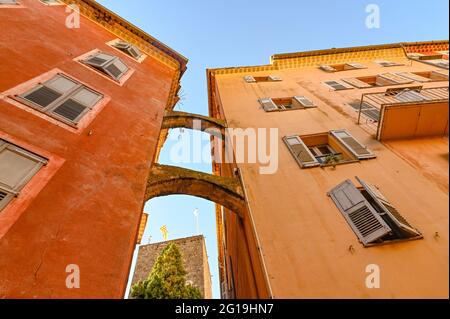 The colourful facades of the Place de la Poissonnerie in Grasse, southern France Stock Photo