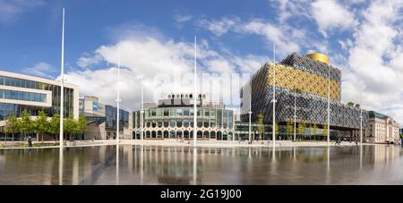 Birmingham, West Midlands, UK - May 26th 2021: International Convention Centre, Repertory Theatre and Library Buildings in Centenary Square panorama. Stock Photo