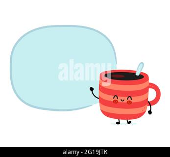 Cute funny coffee mug with speech bubble. Vector hand drawn cartoon kawaii character illustration icon. Isolated on white background. Coffee or tea cup, mug character concept Stock Vector