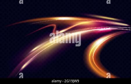 Speed motion abstract light effect at night vector illustration. Magic neon smooth glowing track lines, blurry bright long exposure car trail dynamic speed road, movement alpha transperant background Stock Vector