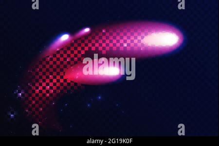 Abstract shining comet meteorite shape, firework glowing light effect vector illustration. Neon fire trail of firecracker explosion, meteor asteroid flying in space on dark transparent background Stock Vector
