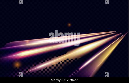 Light speed transport car flare effect, abstract fast motion on city road at night vector illustration. Dynamic neon rays and lines glow, glowing futuristic energy on transparent dark background Stock Vector