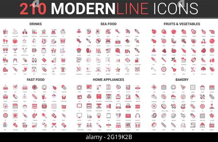 Food drink cafe menu, summer fruit vegetable, seafood and fastfood thin red black line icon vector illustration set. Linear pictogram collection of kitchen home appliances, bakery shop editable stroke Stock Vector