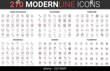 Household appliances, home furniture and office stationery thin red black line icon vector illustration set. Garden tools for care of flowers plants, flowerpots and vases, housework cleaning objects Stock Vector