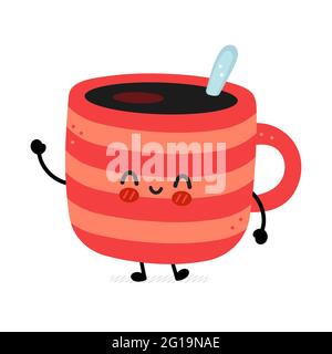 Cute funny coffee mug mascot. Vector hand drawn cartoon kawaii character illustration icon. Isolated on white background. Coffee or tea cup, mug logo character concept Stock Vector