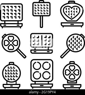 Vector waffle-iron icons set. Outline kitchen waffle-iron logo collection for web design isolated on white background Stock Vector