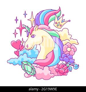 Print or card with unicorn and fantasy items. Stock Vector