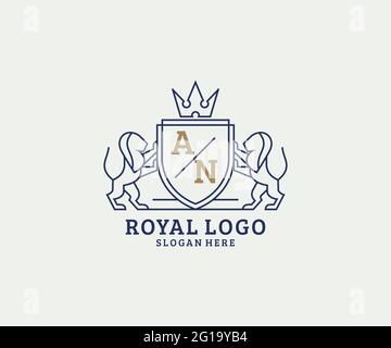 AN Letter Lion Royal Luxury Logo template in vector art for Restaurant, Royalty, Boutique, Cafe, Hotel, Heraldic, Jewelry, Fashion and other vector il Stock Vector