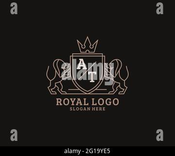 AT Letter Lion Royal Luxury Logo template in vector art for Restaurant, Royalty, Boutique, Cafe, Hotel, Heraldic, Jewelry, Fashion and other vector il Stock Vector