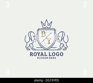 BY Letter Lion Royal Luxury Logo template in vector art for Restaurant, Royalty, Boutique, Cafe, Hotel, Heraldic, Jewelry, Fashion and other vector il Stock Vector