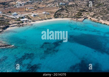 Greece, Koufonisi island, sandy secluded beach, aerial drone view. Small Cyclades breathtaking nature, Italida beach, emerald, turquoise color sea wat Stock Photo