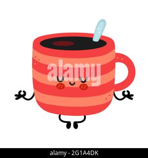 Cute funny coffee mug meditate in yoga pose. Vector hand drawn cartoon kawaii character illustration icon. Isolated on white background. Coffee or tea cup, mug character logo concept Stock Vector