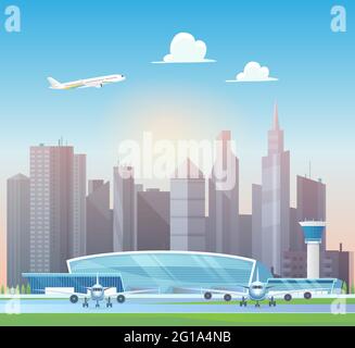 Modern airport terminal, airplane taking off into sky above office skyscrapers vector illustration. Cartoon aeroplanes stand on airfield runway, control tower buildings, airport structure background Stock Vector