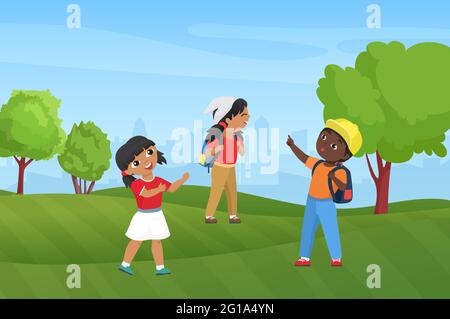 Happy children hike in summer park nature landscape vector illustration. Cartoon preschool funny boy girl child characters with backpacks hiking, diverse kids hikers tourists camping background Stock Vector