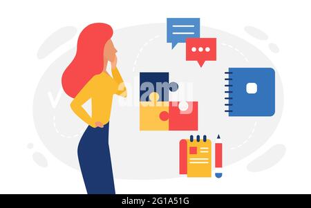 Logic thinking, abstract psychology concept vector illustration. Cartoon woman character thinks about missing piece of puzzle, lady looking for answer, online communication messenger windows icons Stock Vector