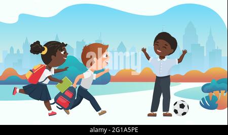 Happy children playing together in schoolyard vector illustration. Cartoon schoolchildren running to play ball after school lessons, funny diverse little girl boy child characters have fun background Stock Vector