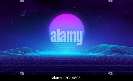 Retro landscape blue background. 3d vector background. Futuristic technology mountain landscape. Digital city neon 80s technology music background Stock Vector