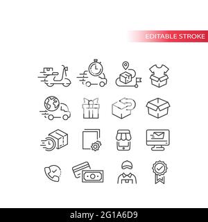 Shopping and delivery line vector icon set. Shipping van or truck, box, online store symbols. Stock Vector