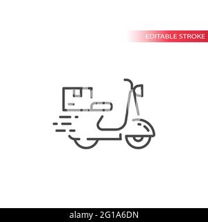 Delivery scooter with box or package icon. Fast shipping symbol and parcel, editable stroke. Stock Vector
