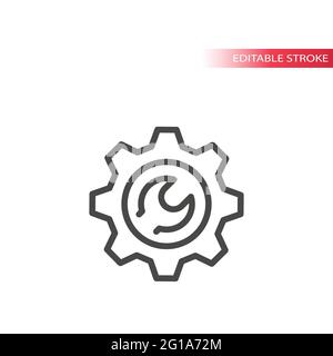 Cogwheel and wrench line vector icon. Gear and spanner symbol, editable stroke. Stock Vector