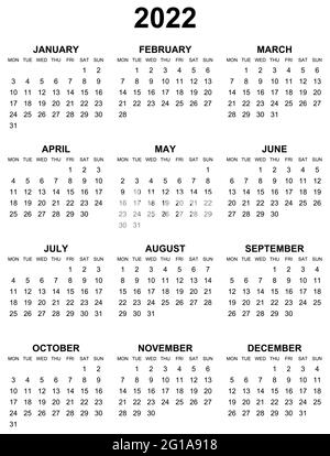 Simple 2022 year calendar, week starts on Monday Stock Vector Image ...