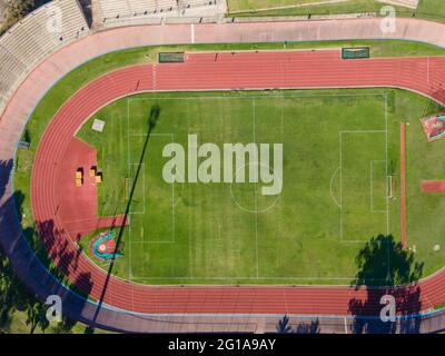 Drone view of track and field shot from directly above Stock Photo