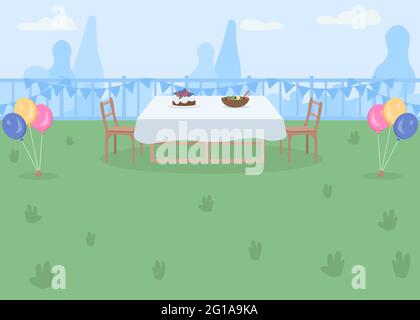 Backyard party place flat color vector illustration Stock Vector