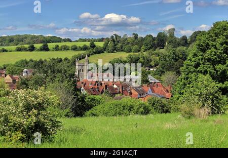 Looking down on the rooftops of Amersham Old Town in the English Chiltern Hills  in Buckinghamshire, with Church Tower and rolling countryside Stock Photo